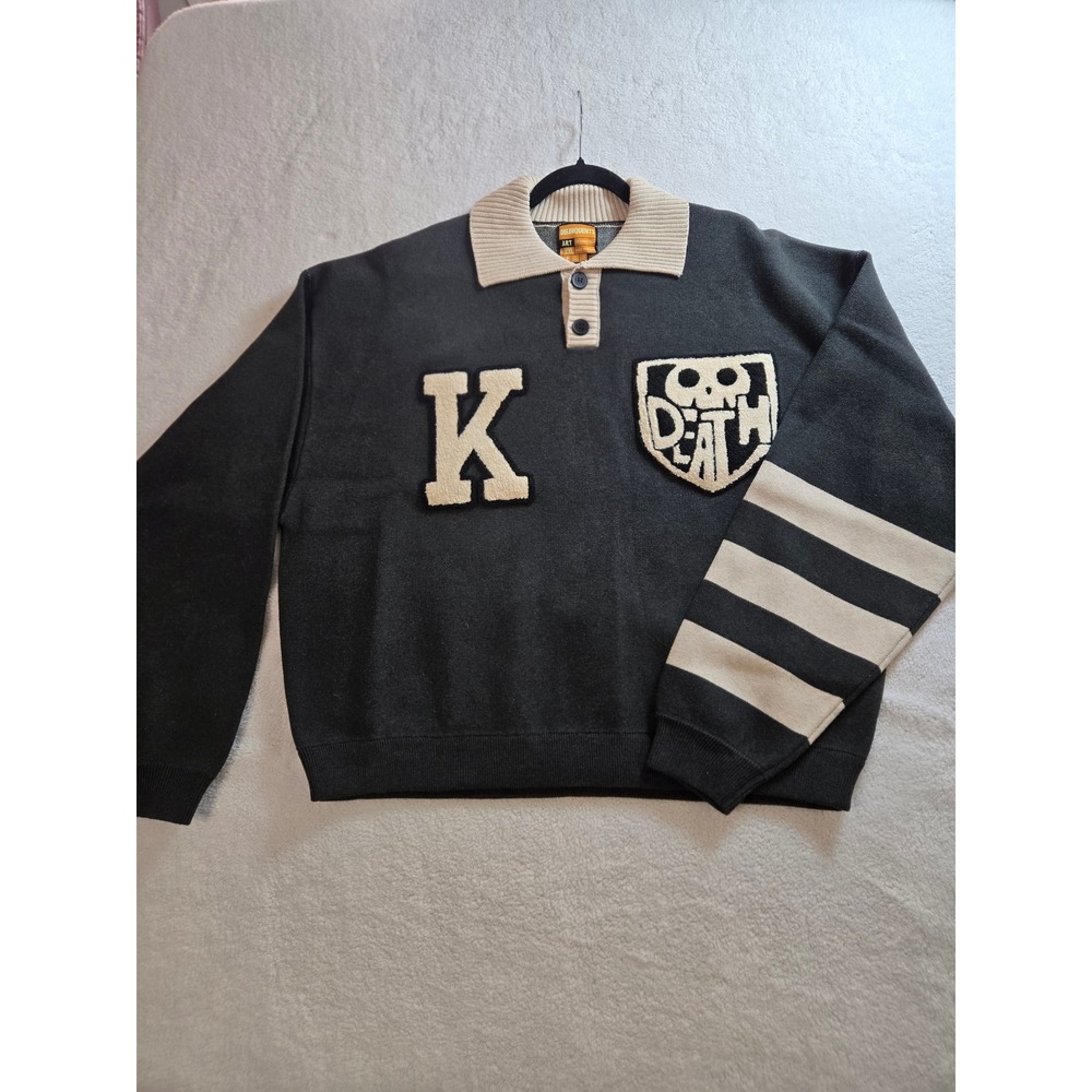 Delinquents Art Varsity Knit Polo Sweater Charcoal Grey XXL Death Skull Patch